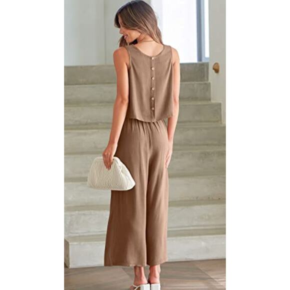 Anrabess 2 Piece Set Tank Crop Button Back Top Cropped Wide Leg Pants Khaki sz S - Picture 2 of 8